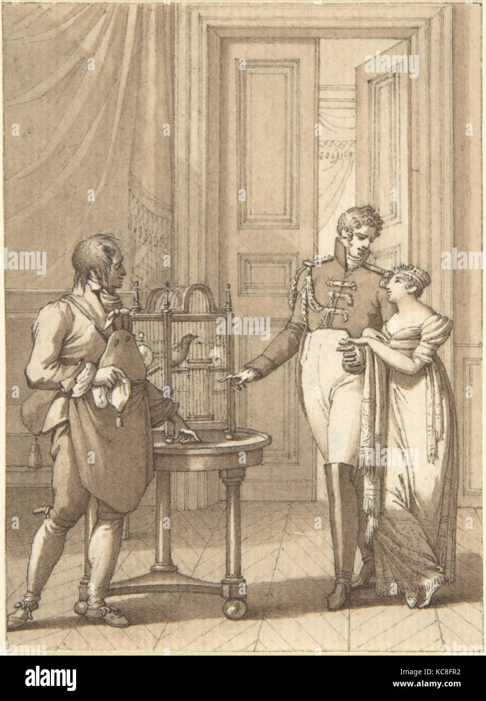 Design für ein Buch Abbildung: Amorous Paar neben Vögeln in einem Käfig, Anonym, Deutsch, aus dem 19. Jahrhundert, 19. Jahrhundert Stockfoto