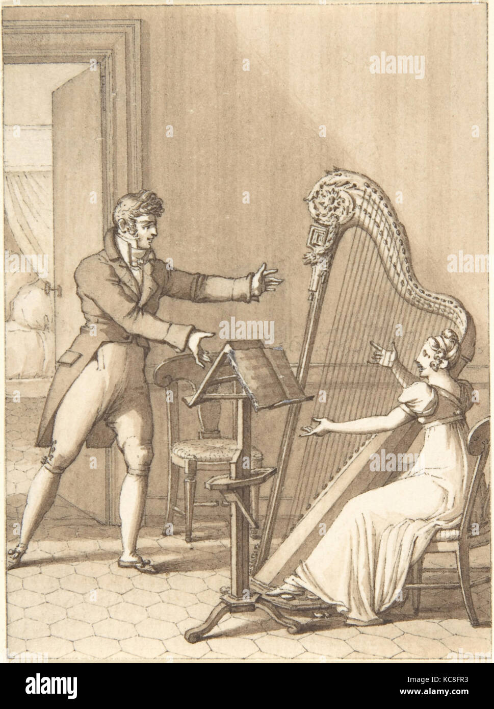 Design für ein Buch Abbildung: ein Mann eine Frau spielen eine Harfe, Anonym, Deutsch, aus dem 19. Jahrhundert, 19. Jahrhundert Stockfoto