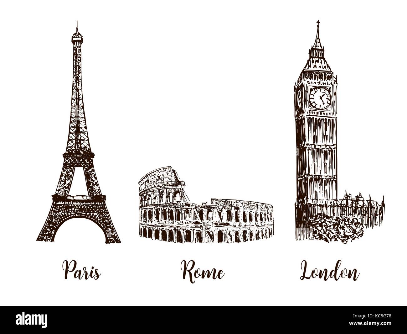 Paris, London, Rom. Stellen der europäischen Hauptstädte Symbole. Eiffelturm, Kolosseum, Big Ben Stock Vektor