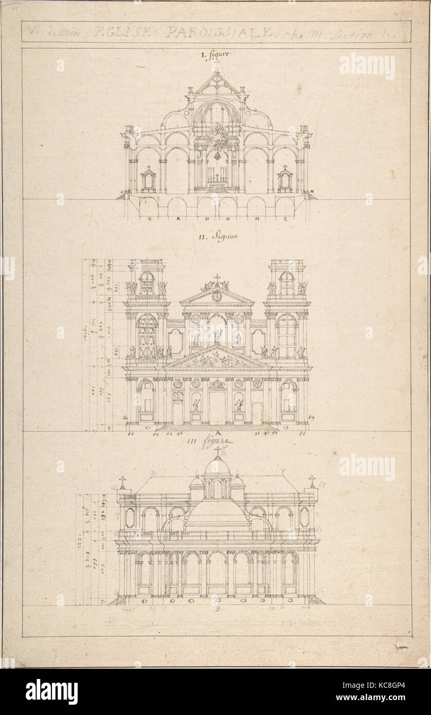 Zeichnung der Innenraum, Fassade, und hinten in der Kirche, Jacques Germain Soufflot, 18. Jahrhundert Stockfoto