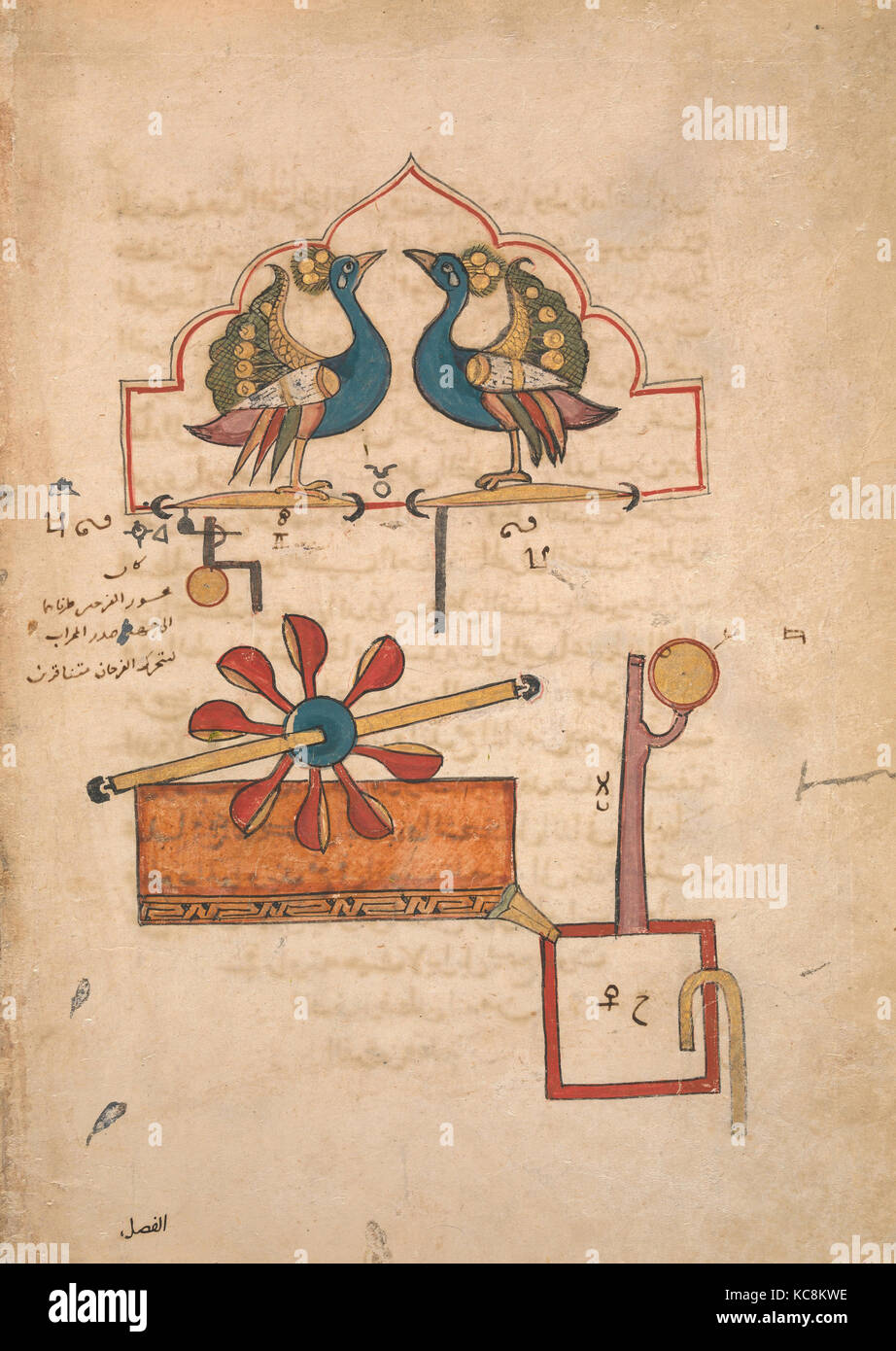 'Design für die Wasseruhr der Pfauen", aus dem Kitab fi Ma'rifat al-hiyal al-handasiyya (Buch des Wissens Stockfoto