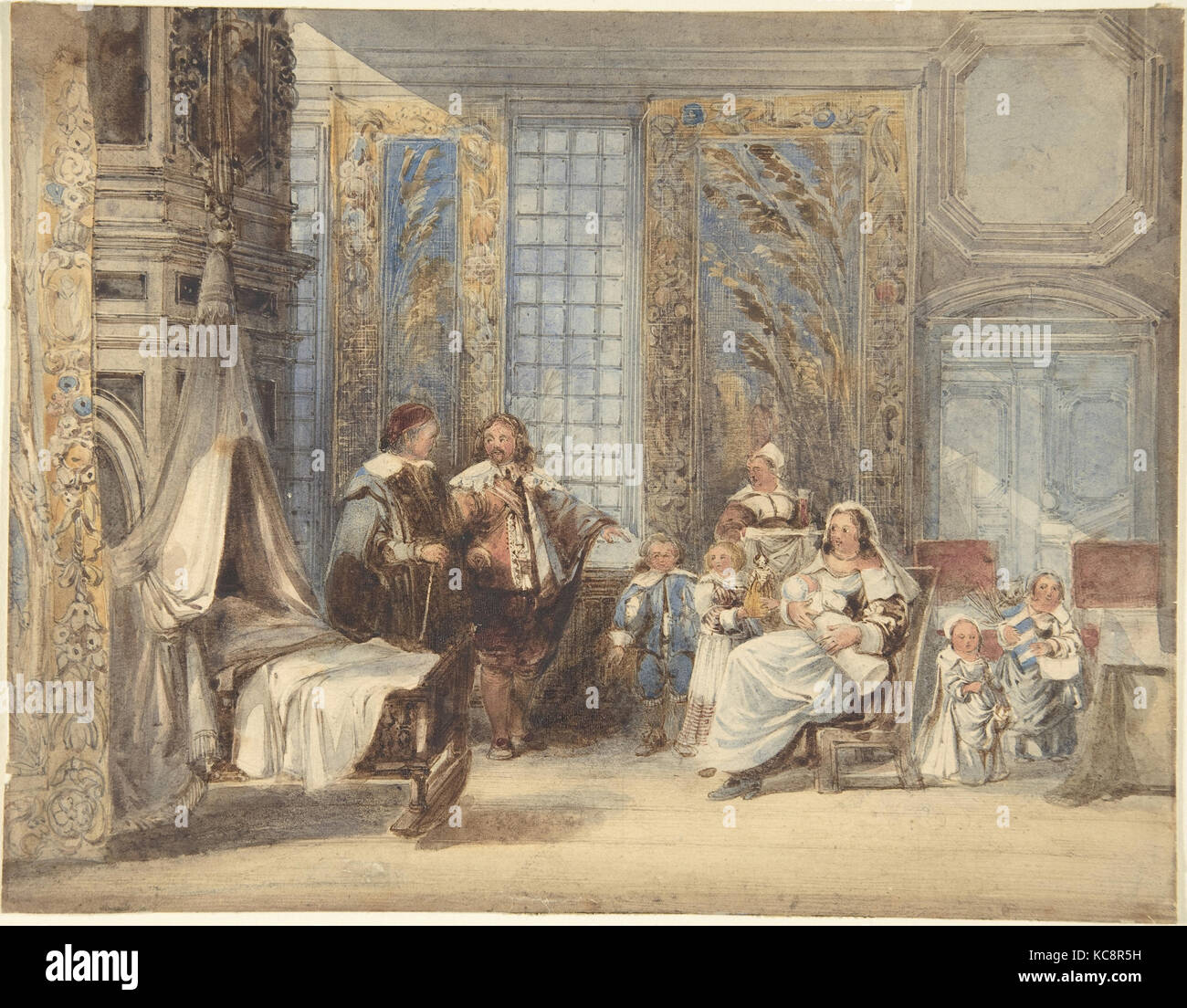 Szene mit Familie und Gast im siebzehnten Jahrhundert Innenraum, Joseph Nash, 1825 zugeschrieben - 78 Stockfoto