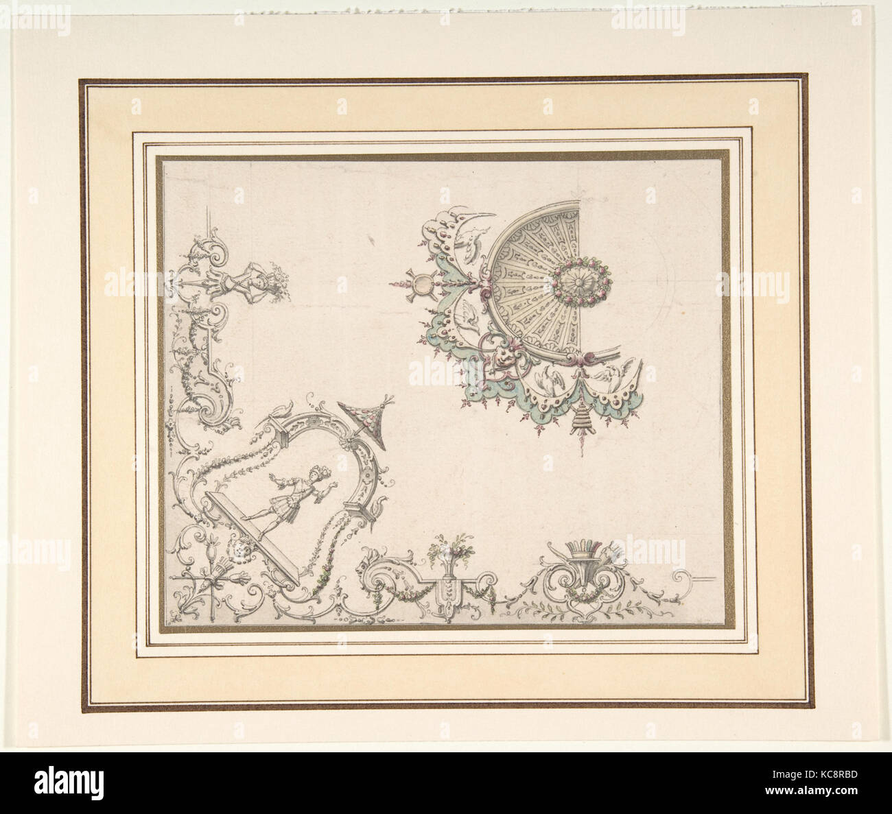 Design für eine bemalte Decke, Pen und Grau, Pinsel und Grau, Rose, Pfirsich und Grün waschen, 6 7/8 x 5 3/4 in. (17,5 x 14,6 cm Stockfoto