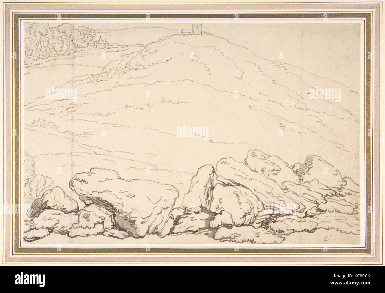 Hügelige Landschaft mit Felsen, Thomas Rowlandson, 1780 - 1827 Stockfoto