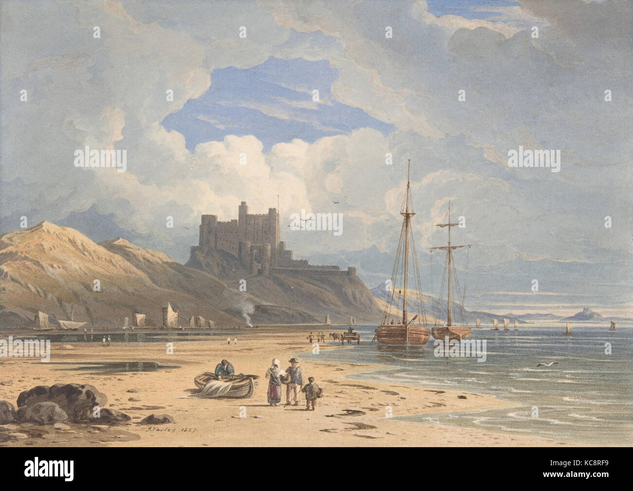 Bamborough Burg aus dem Nordosten, mit heiligen Insel in der Ferne, Northumberland, John Varley, 1827 Stockfoto