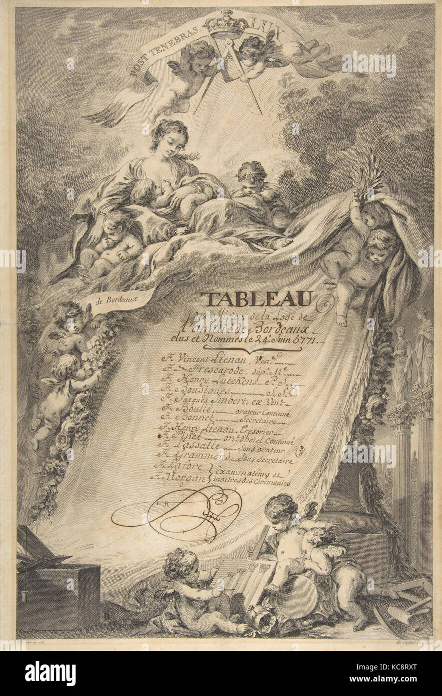 Diplom für die Freimaurer von Bordeaux, nachdem François Boucher, Pierre Philippe Choffard, 1766 Stockfoto