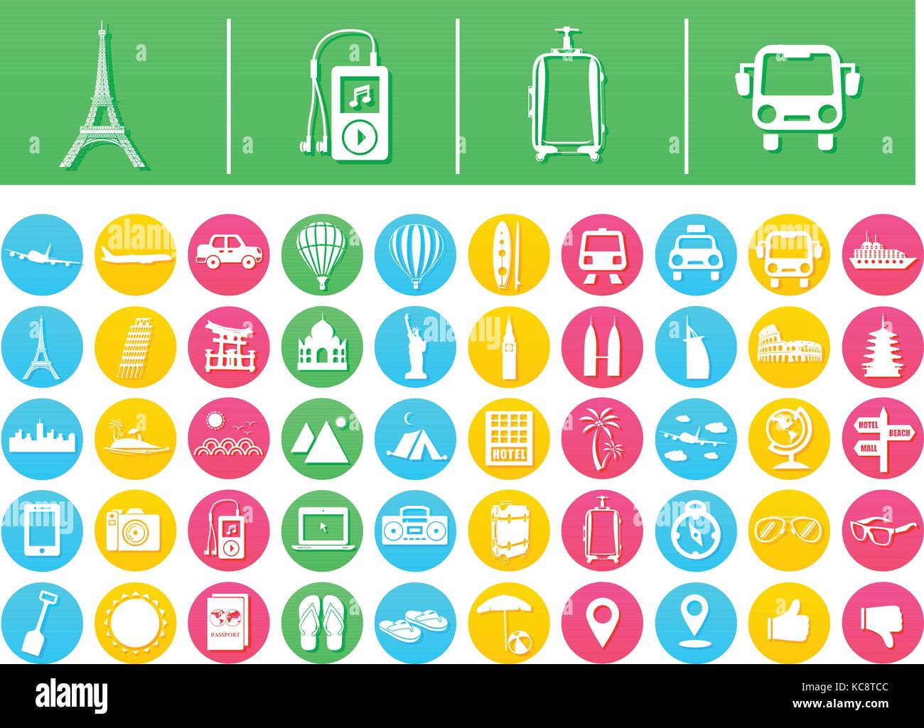 Vektor icon pack Reisen und Transport Wohnung in bunten Kreisen. Vector Illustration Stock Vektor