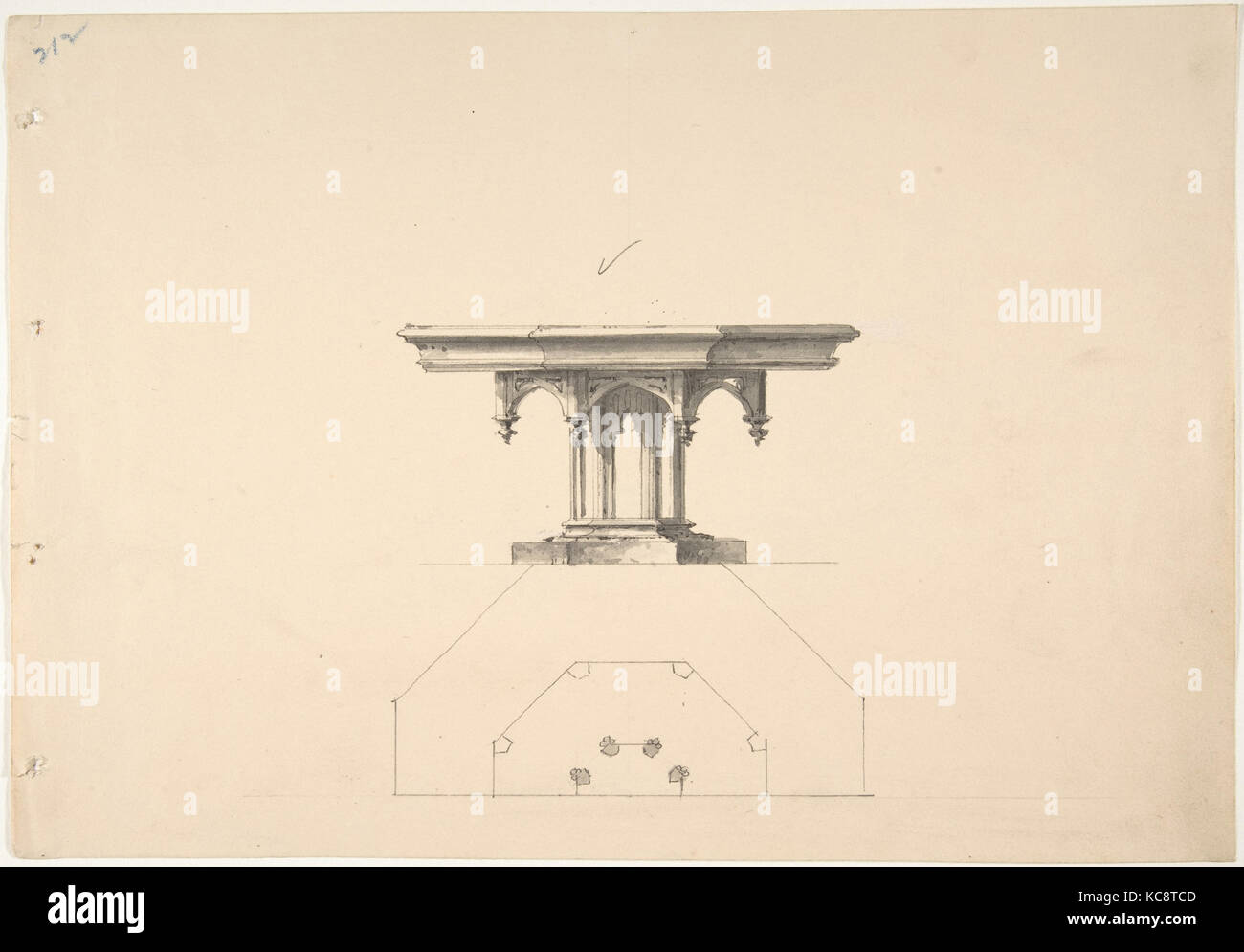 Design für einen achteckigen Gotischen Sockel Tabelle mit Zwickeln: Elevation und Plan, Anonym, Britische, 19. Jahrhundert Stockfoto