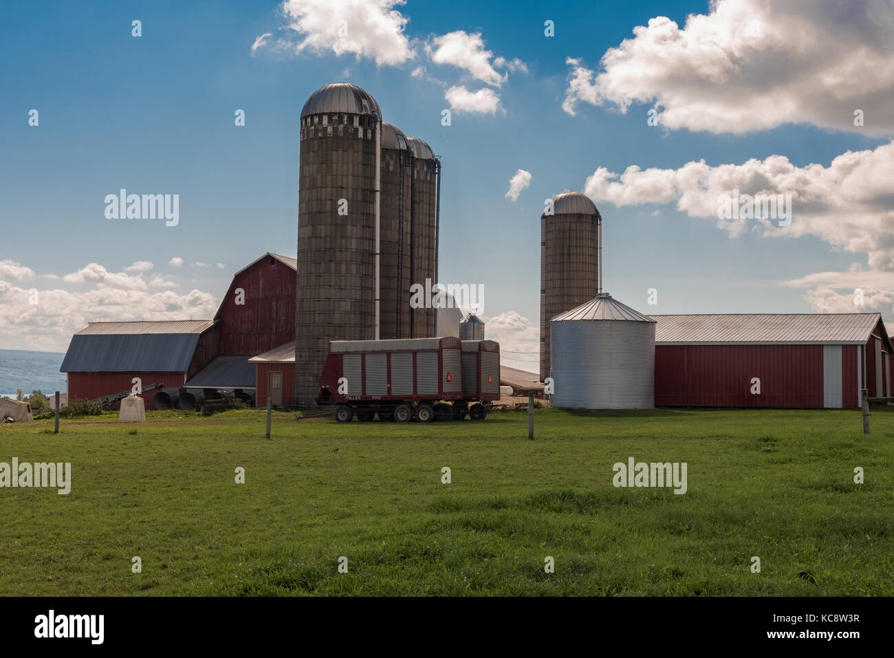 Finger Lakes, New York, USA - 29. September 2017 - Vier Silos, Mehrere Scheunen und Traktoren auf grünem Gras mit einem blauen Himmel im Hintergrund. Stockfoto