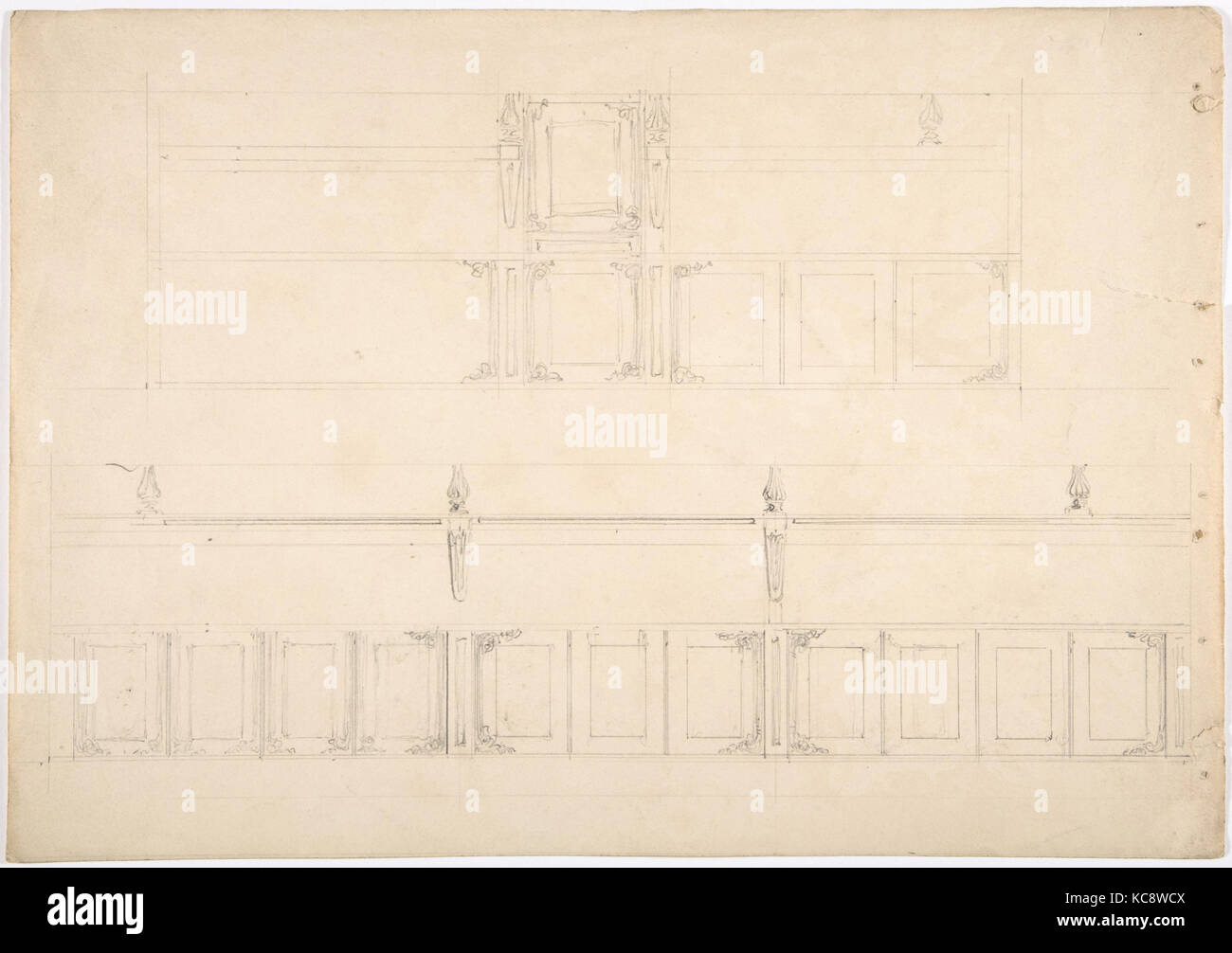 Verkleidung und Bänke (Verso: Skizze von einem Schreibtisch), Anonyme, Briten, 19. Jahrhundert, Ca. 1830 Stockfoto