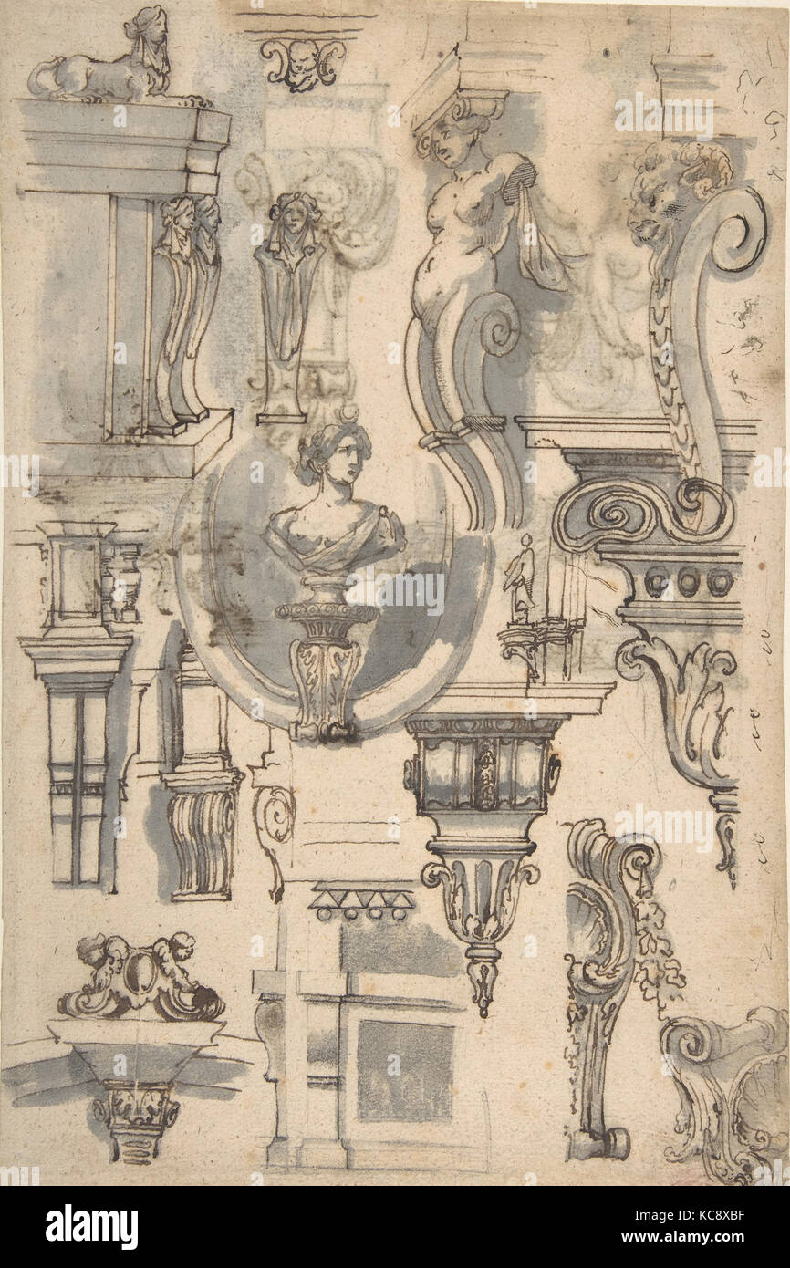 Halterungen, Karyatiden und andere architektonische Details (Recto und verso), Gilles-Marie Oppenord zugeschrieben, Ca. 1690 - 1710 Stockfoto