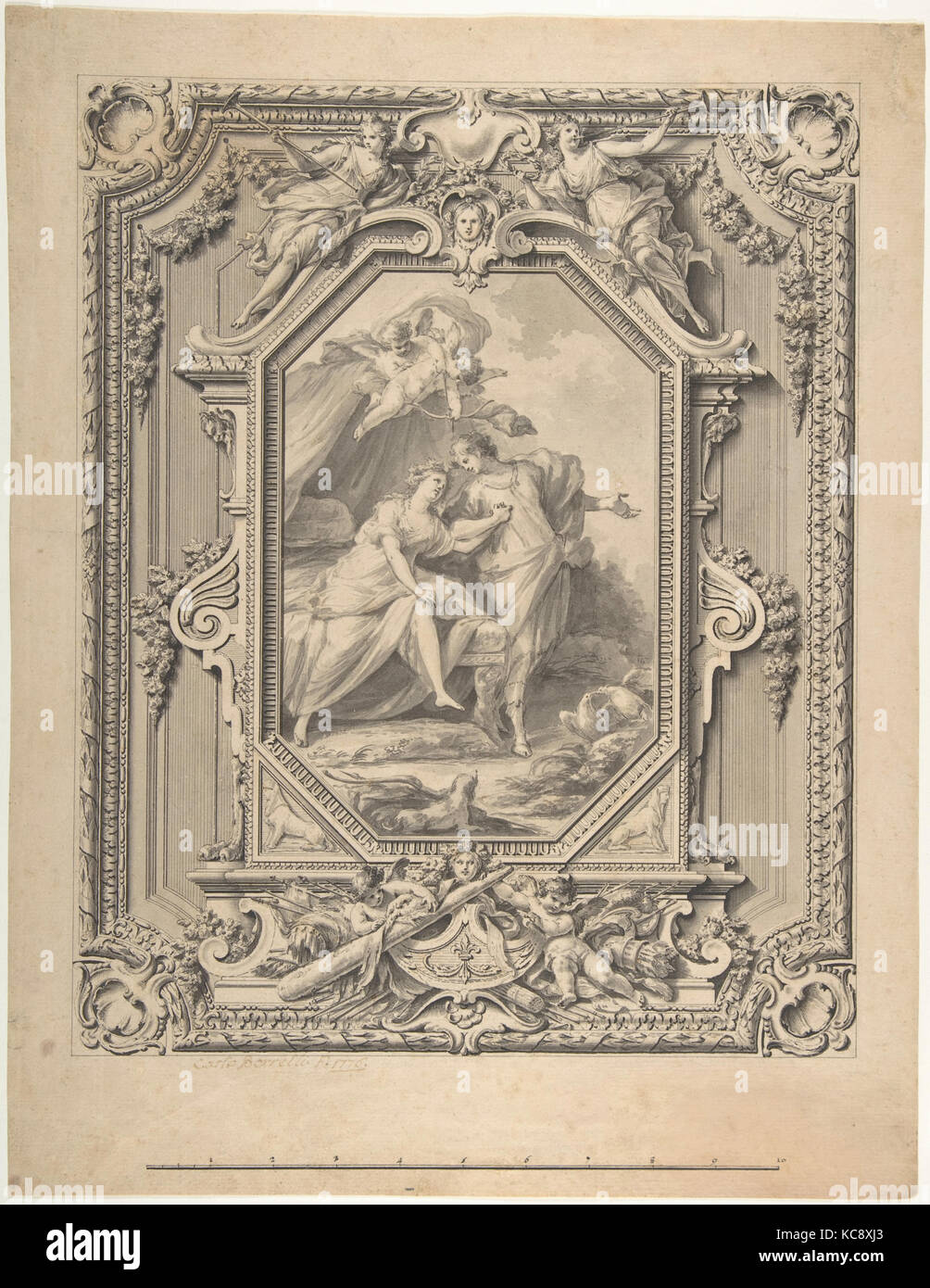 Design für eine geschnitzte Rahmen mit Girlanden und Statuen und einem Gemälde von zwei menschliche Figuren mit Puttis innerhalb des Rahmens Stockfoto