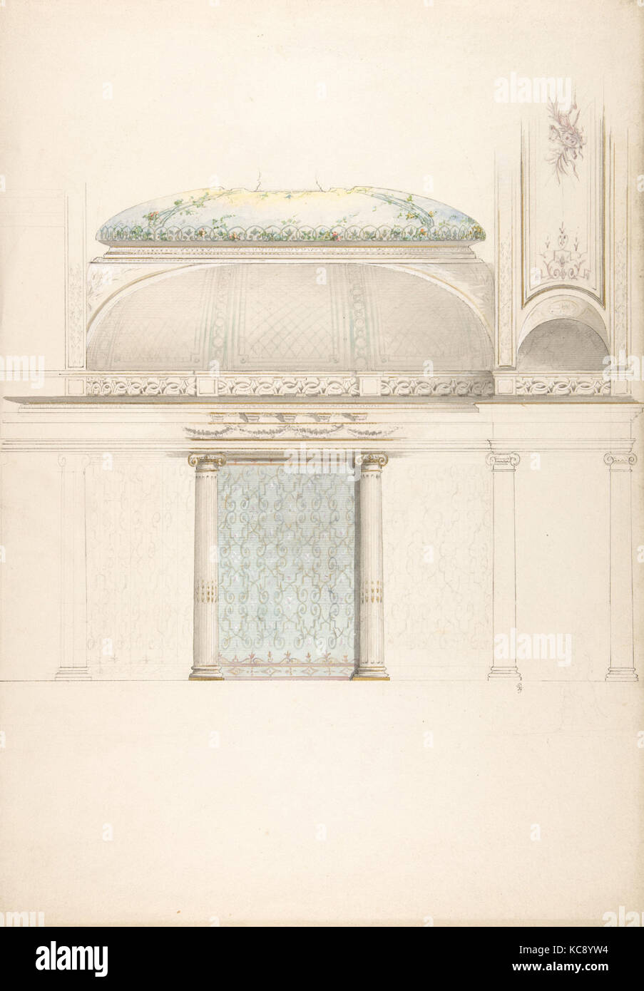 Höhe und Querschnitt mit gewölbten und Kolonnaden Hall, Jules-Edmond - Charles Lachaise, zweite Hälfte 19. Jahrhundert Stockfoto