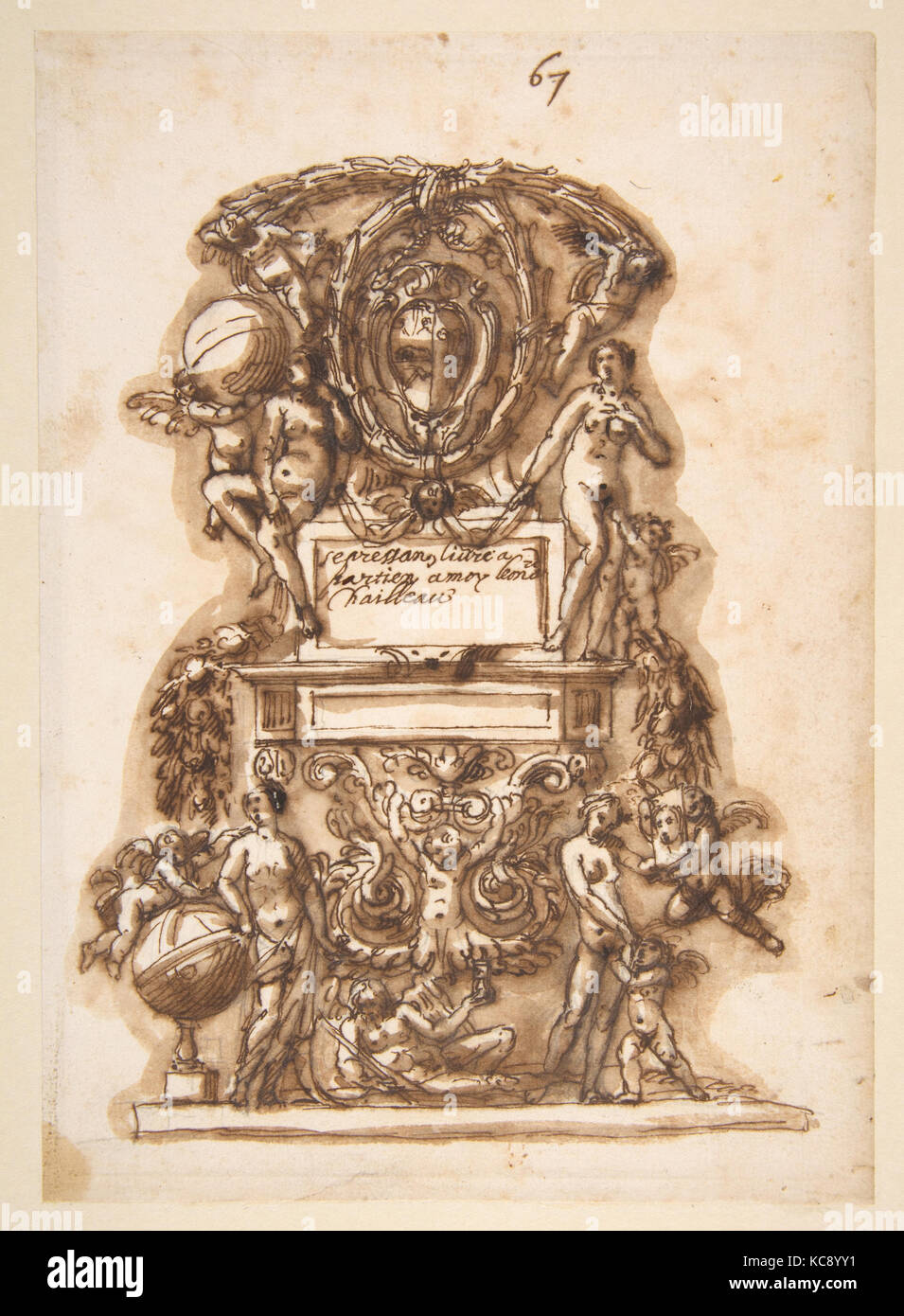 Ornamentale Motiv durch ein Wappen gekrönt, Leonardo Scaglia, 1640-50 Stockfoto