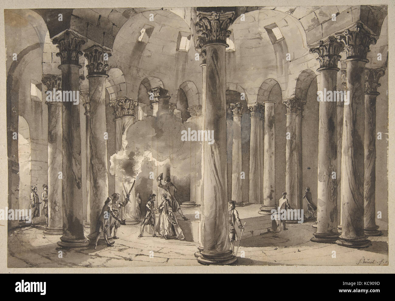 Besucher mit Fackeln in einem kreisförmigen Gebäude, Jean Pierre Louis Laurent Hoüel, Ca. 1769 Stockfoto