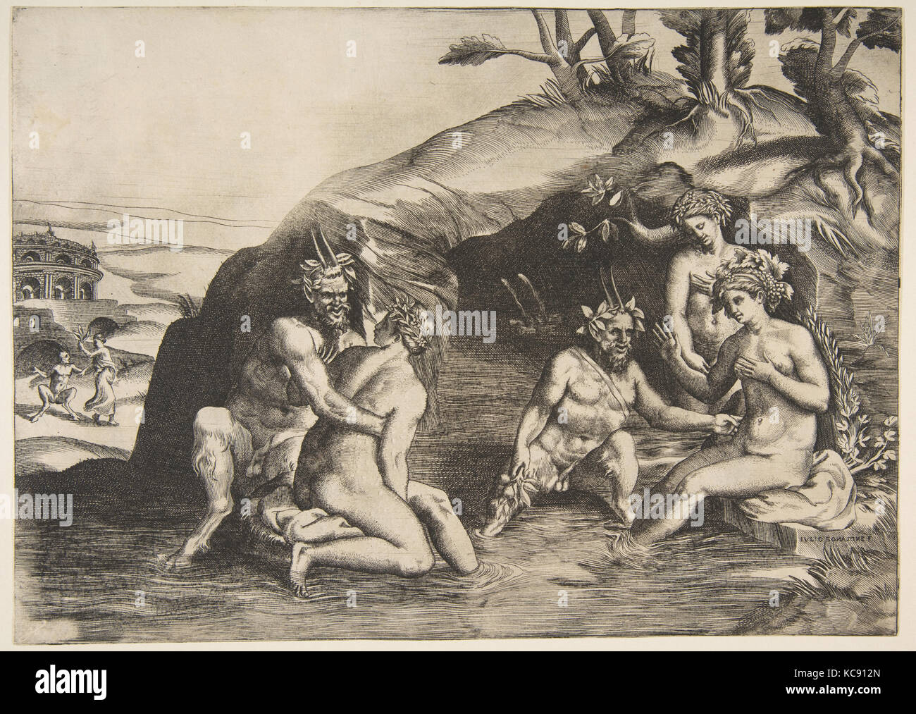 Nymphen und Satyrn baden, Giulio Bonasone, 1531-76 Stockfoto