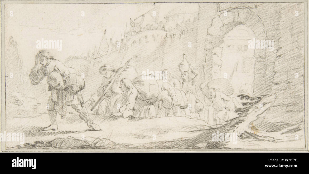 Illustration für ein Buch: Bewohner Verlassen eine eroberte Stadt, Giovanni Battista Tiepolo, 1696 - 1770 Stockfoto