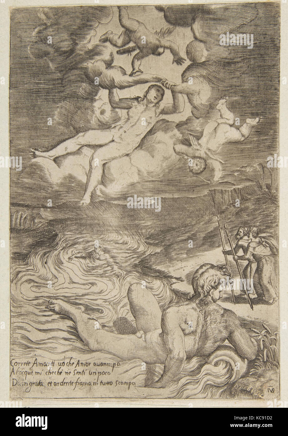 Venus tumbling mit Putten in den Wolken, aus 'Liebt der Götter", Giulio Bonasone, Ca. 1531 - 76 Stockfoto