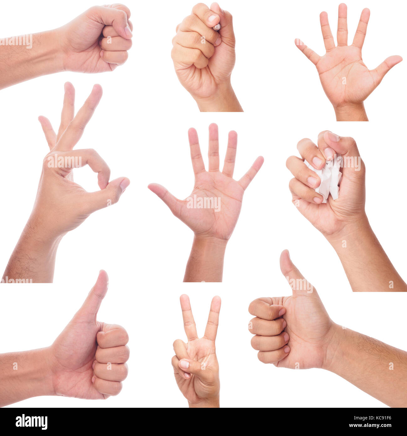 Männliche hand Gesten und Zeichen auf weißem Hintergrund. Stockfoto