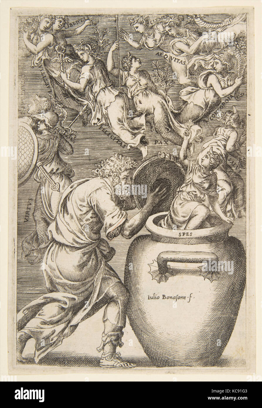 Epimetheus Öffnen der Büchse der Pandora, Giulio Bonasone, 1531-76 Stockfoto