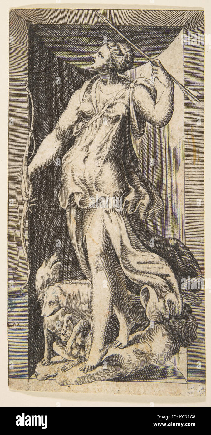 Diana die Jägerin acompanied durch ihre Hunde in einer Nische, Giulio Bonasone, 16. Jahrhundert Stockfoto