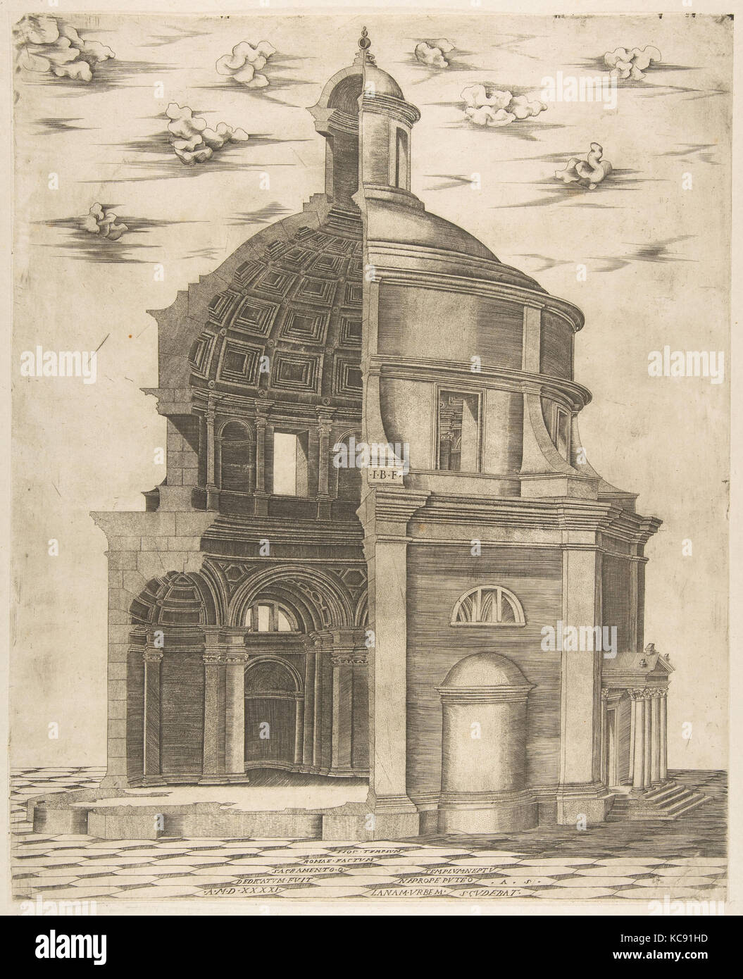 Exterieur und Interieur Abschnitt eines Tempels in Rom zu Neptun, Giulio Bonasone, 1541 gewidmet Stockfoto