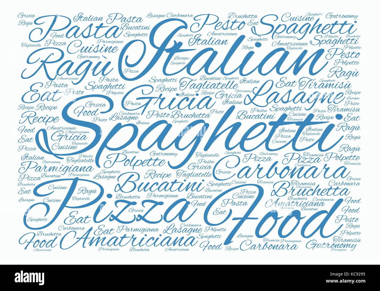 Tag Cloud italienisches Essen aus Worten Collage auf weißem Hintergrund. Stock Vektor
