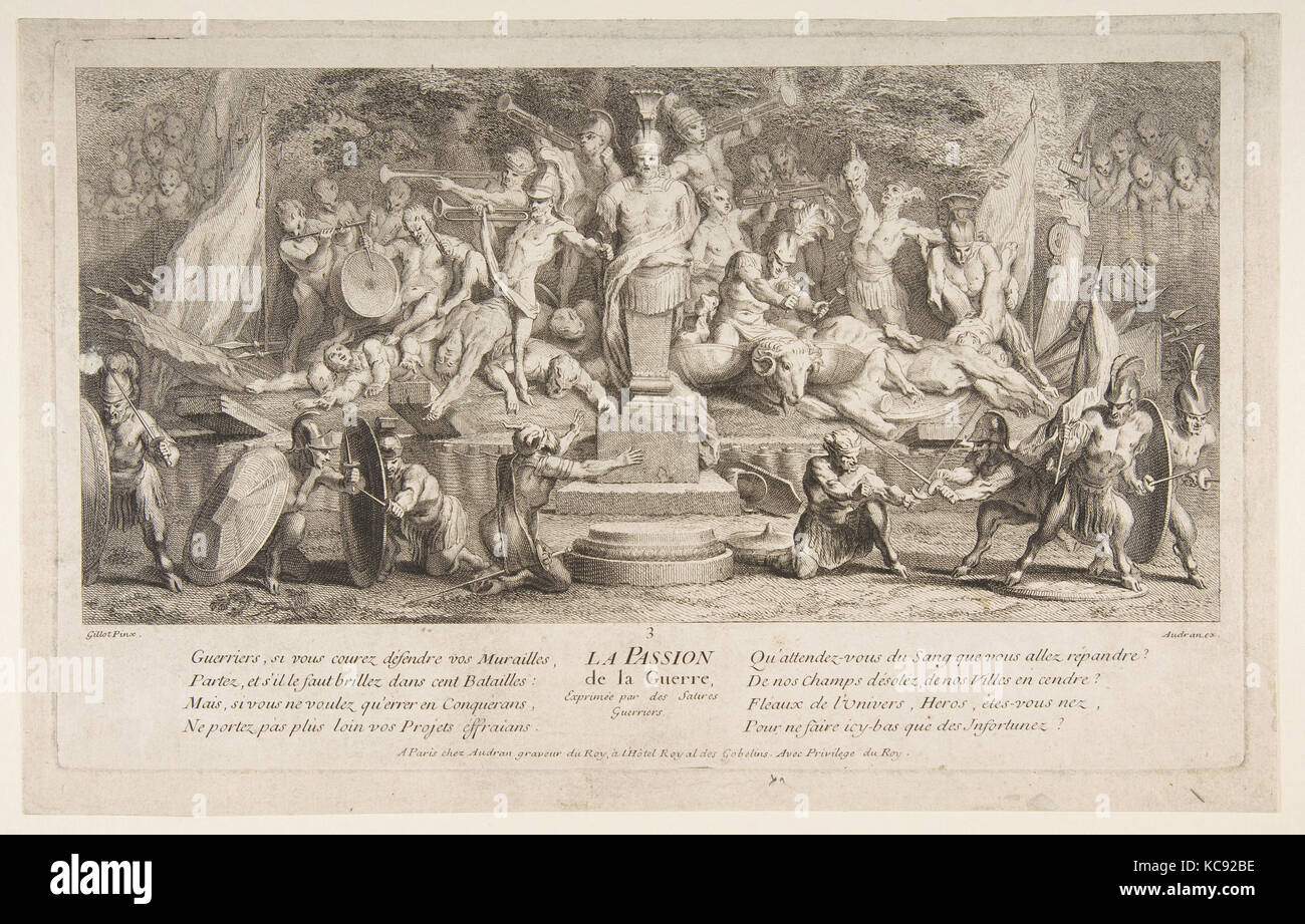 Die Leidenschaft für Krieg, n.d., Ätzen, zweite Zustand, Blatt: 9 15/16 x 16 1/8 in. (25,3 x 40,9 cm), Drucke, Claude Gillot (Französisch Stockfoto