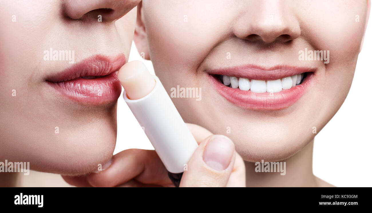 Collage von Frau mit lipbalm und schönes Lächeln. Stockfoto