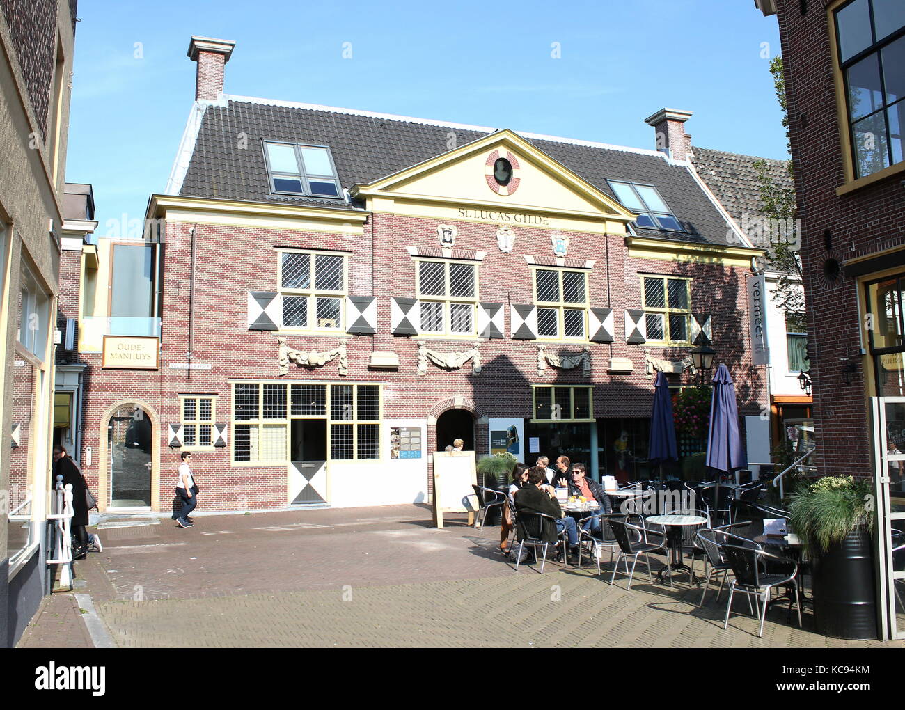 Vermeer Center am Voldersgracht, Delft, Niederlande. Museum und Informationszentrum des berühmten Malers Johannes Vermeer aus dem 17. Jahrhundert gewidmet. Stockfoto