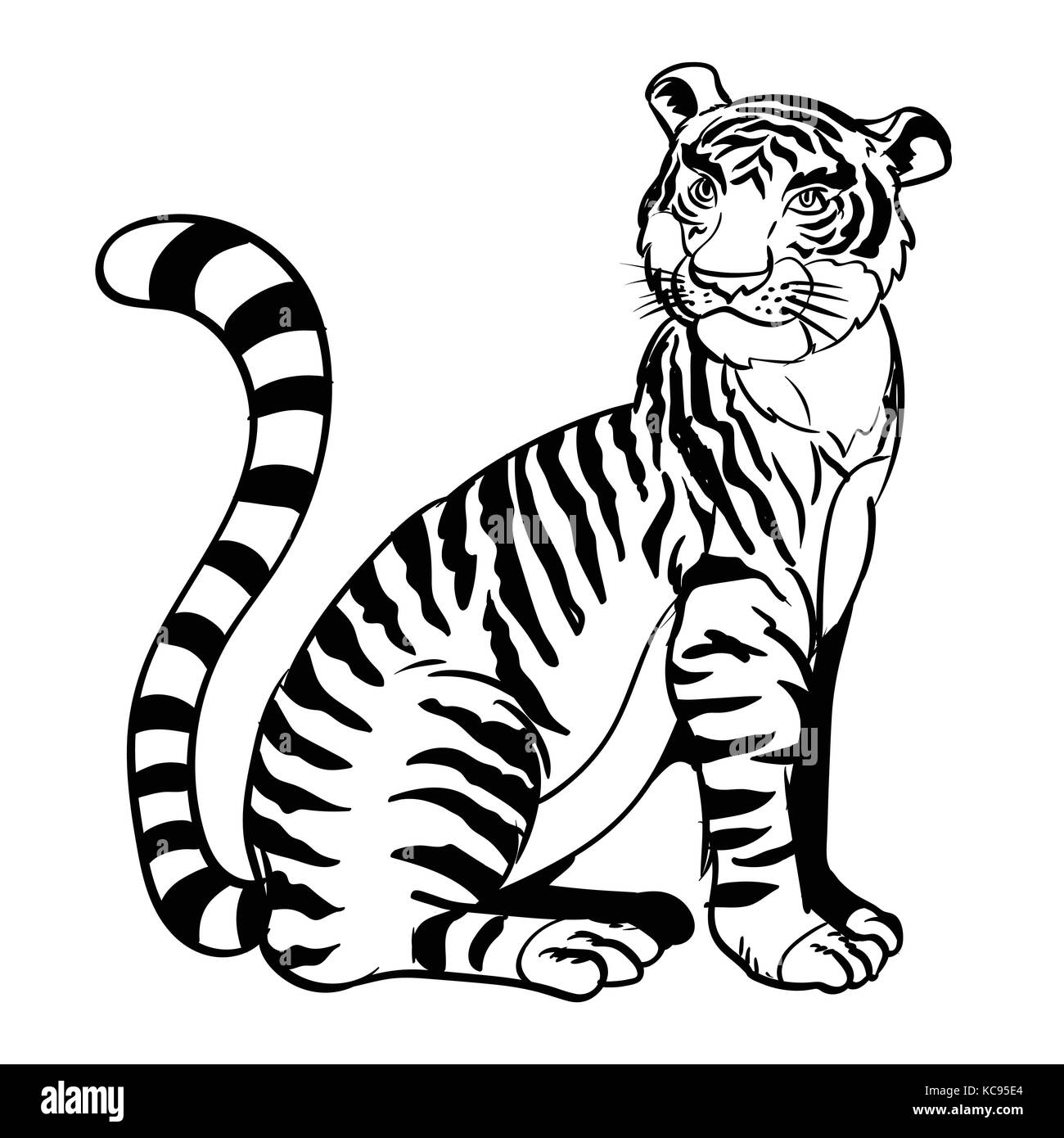 Zeichnung cartoon ein sitzender Tiger in Schwarz und Weiß - Vector Illustration Stock Vektor