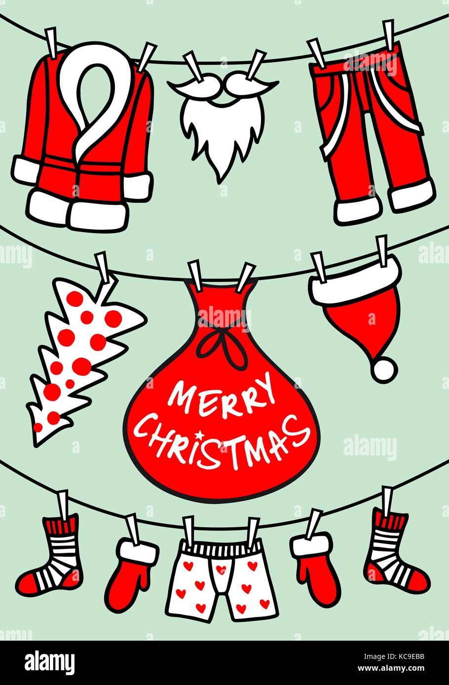 Weihnachtskarte mit Weihnachtsmann Kleidung hängend auf der Wäscheleine, der Vektor Grafik Design Elemente einstellen Stock Vektor