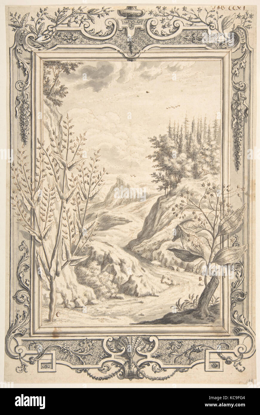 Landschaft mit ornamentalen Rahmen, Johann Melchior Füssli, Ca. 1730 Stockfoto