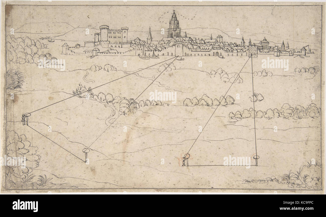 Perspektivische Studie mit Blick auf eine mittelalterliche Stadt, zu Matthäus Merian der Ältere, 1600 - 1650 zurückzuführen Stockfoto
