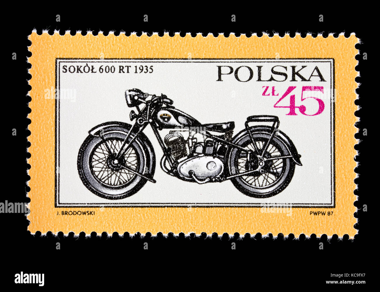 Briefmarke aus Polen mit der Darstellung eines 1935 Sokol 600 RT Motorrad  Stockfotografie - Alamy