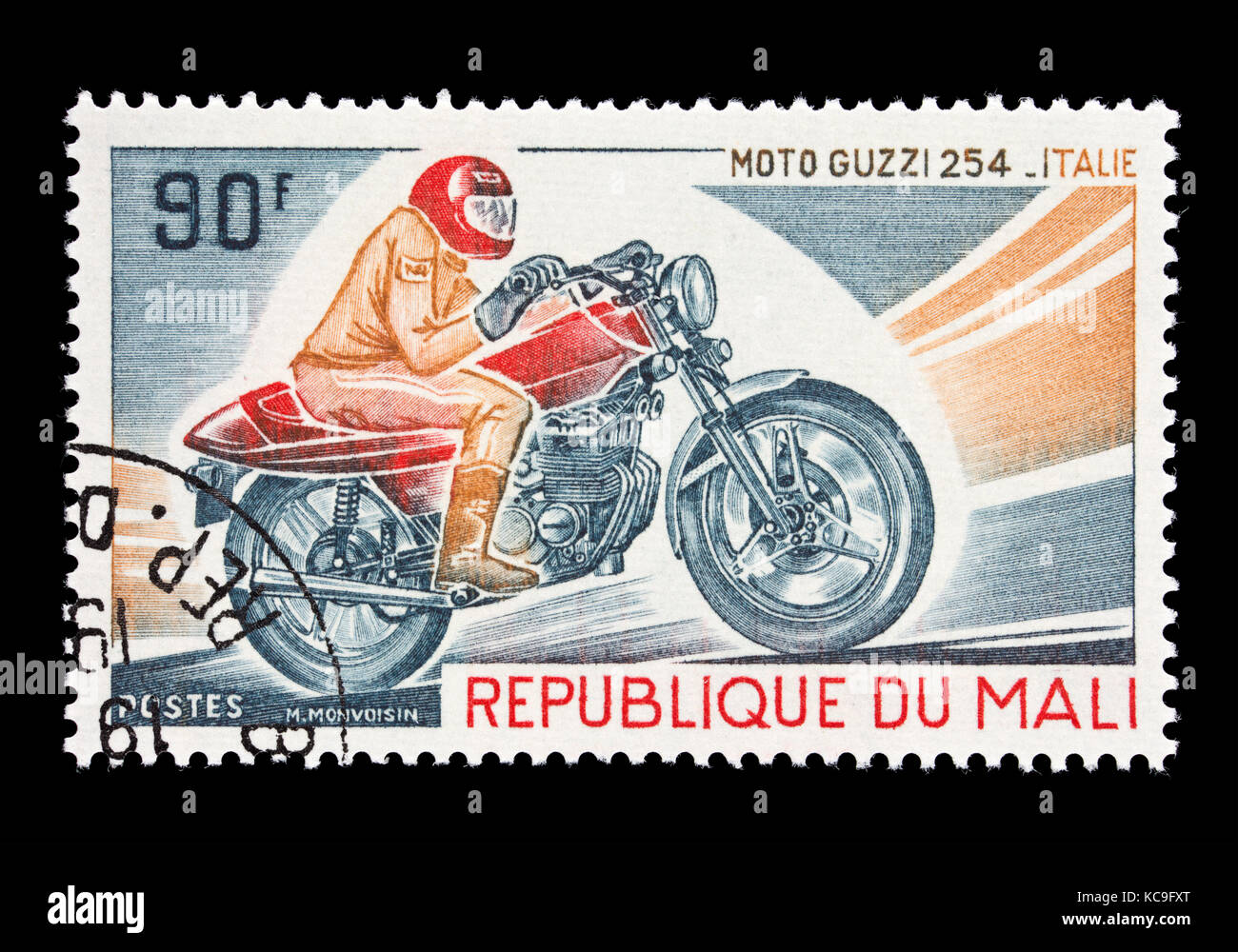 Briefmarke aus Mali, ein Mann, eine Moto-Guzzi 254 Motorrad aus Italien. Stockfoto