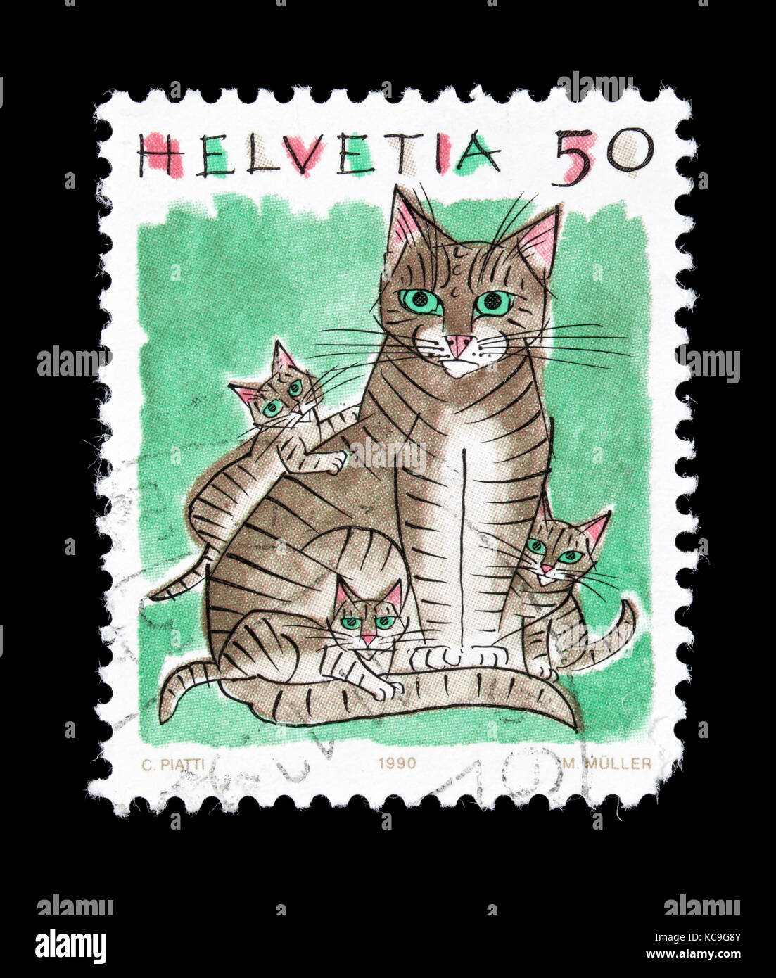 Briefmarke aus der Schweiz Darstellung housecats Stockfoto