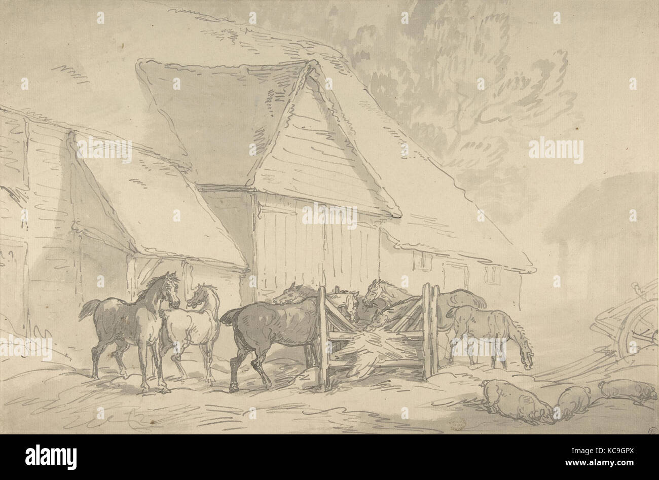 Stabile Hof mit Pferden, Thomas Rowlandson, 1776 - 1827 Stockfoto