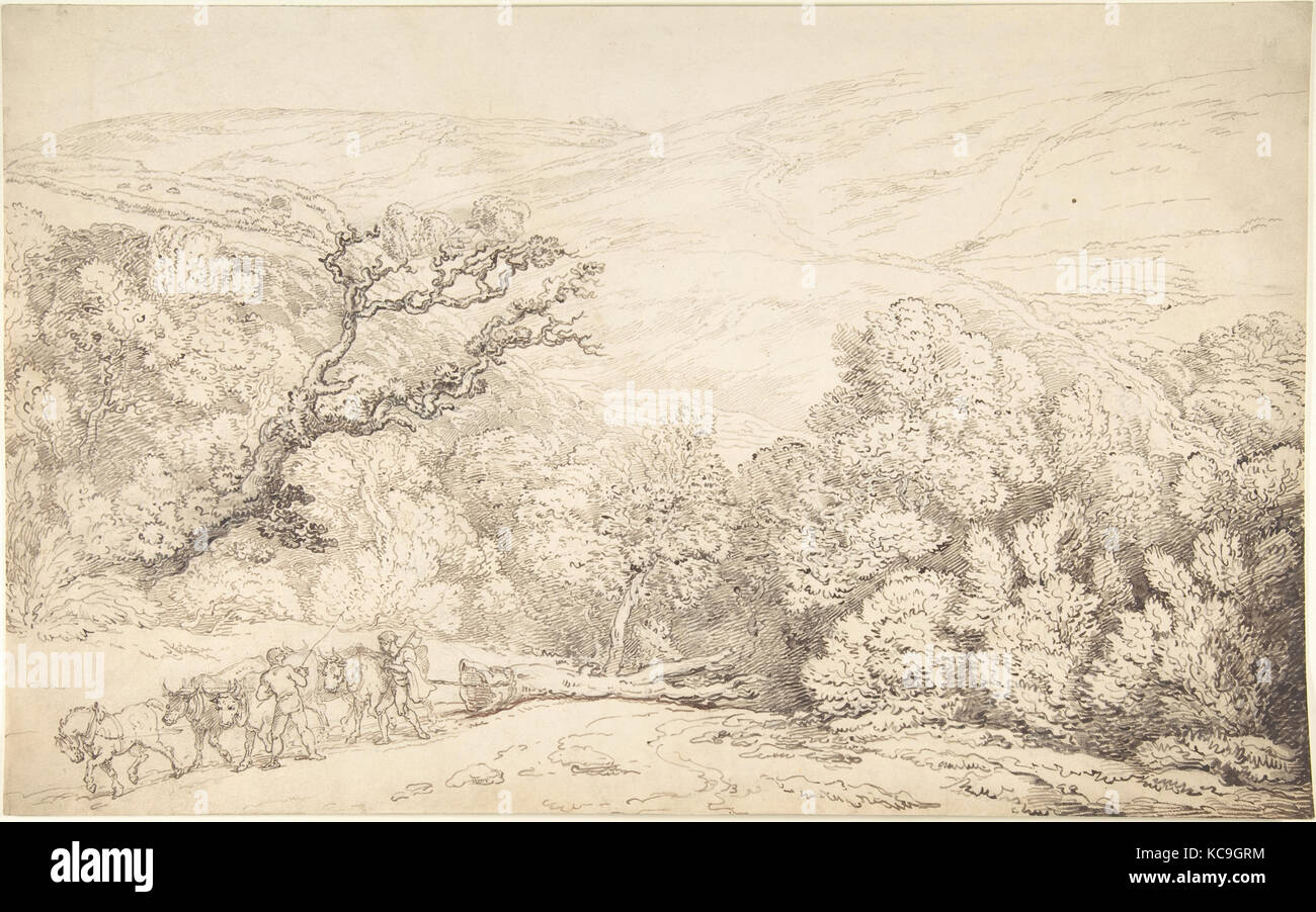 Landschaft mit Ochsen und gefällten Baumes, Thomas Rowlandson, 1775 - 1827 Stockfoto