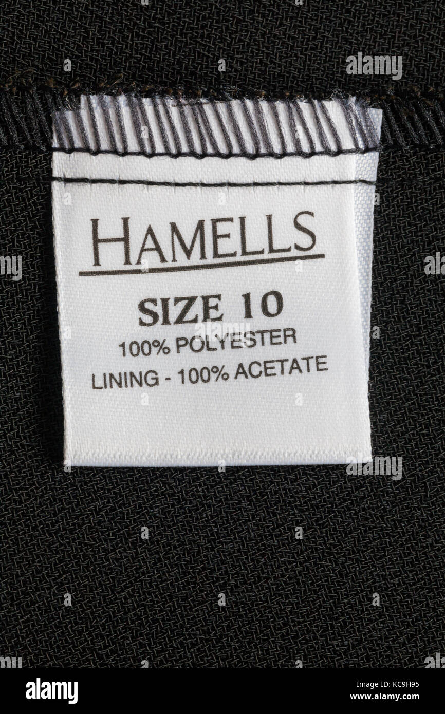 Label in Hamells top Größe 10 100% Polyester, Futter 100% Acetat Stockfoto