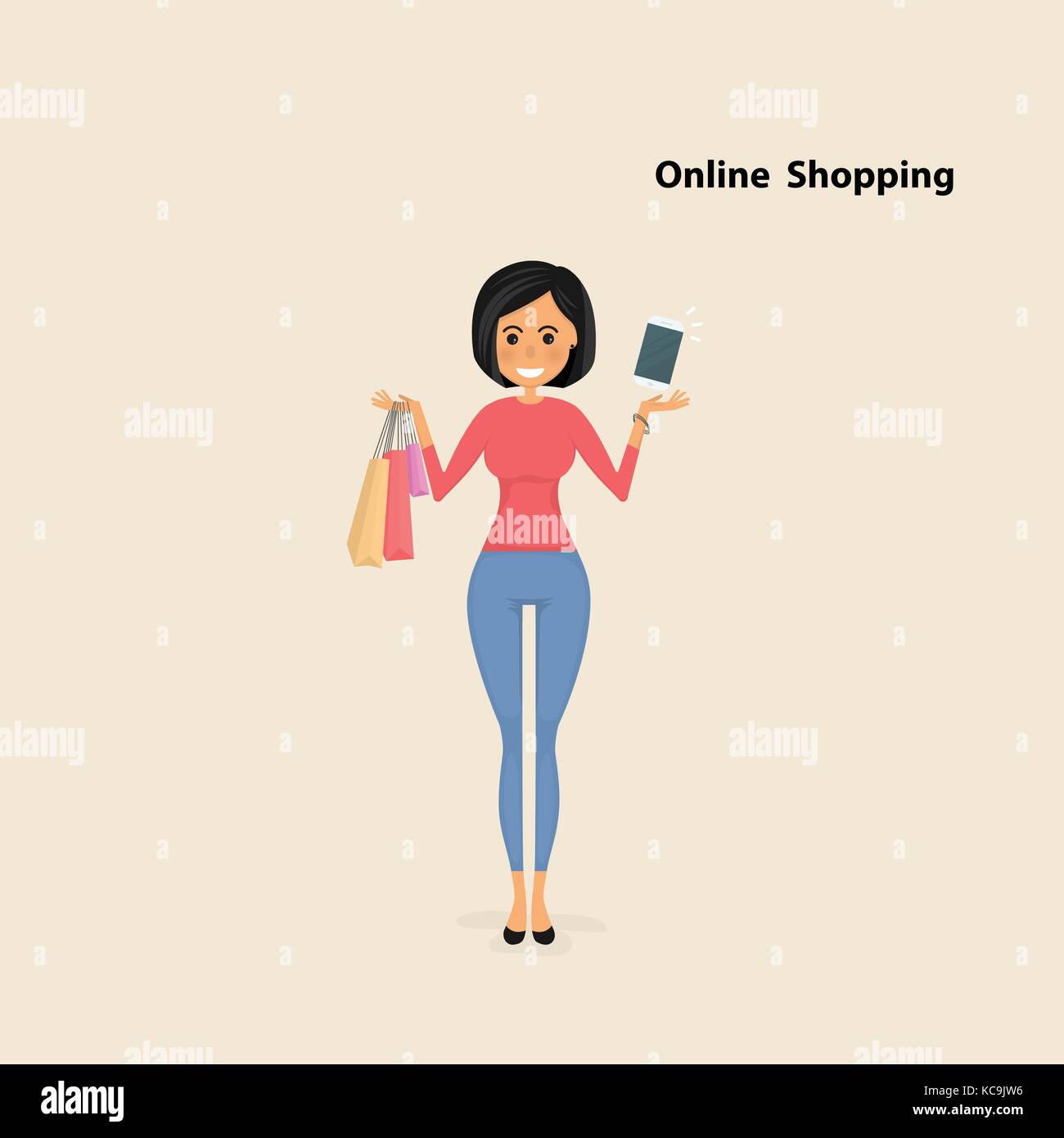 Junge Frau und Einkaufstaschen mit Smart Phone auf einem Hintergrund. hübsche Frau für den Kauf von Produkten und Bestellungen können Sie über ein smart phone mit Shopping ba Stock Vektor