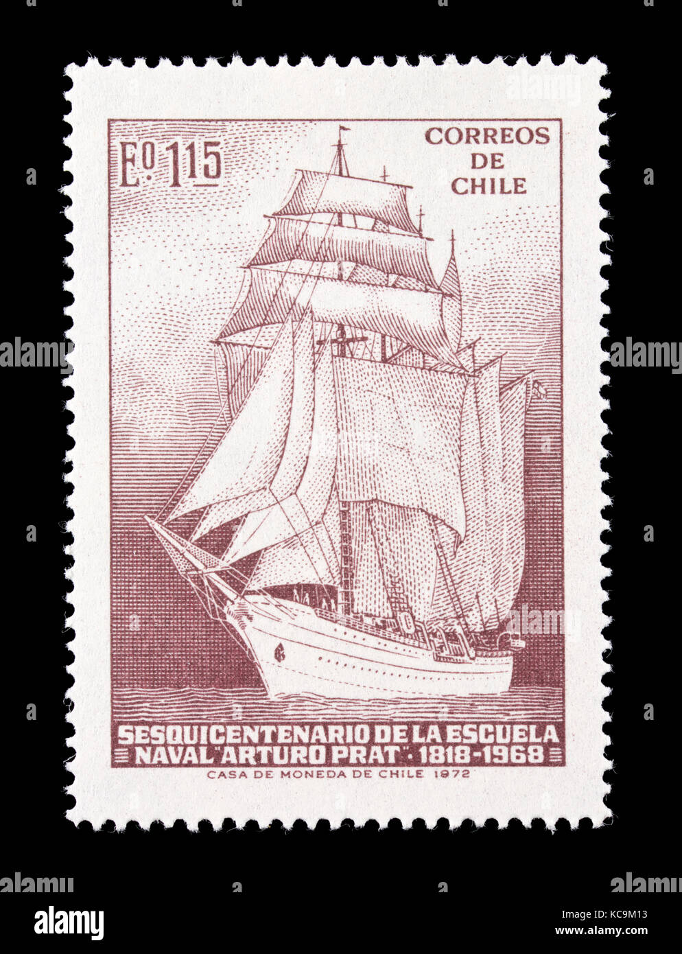 Briefmarken aus Chile, ein Segelschiff, sesquicentennial der Arturo Pratt Naval Training Schule Stockfoto