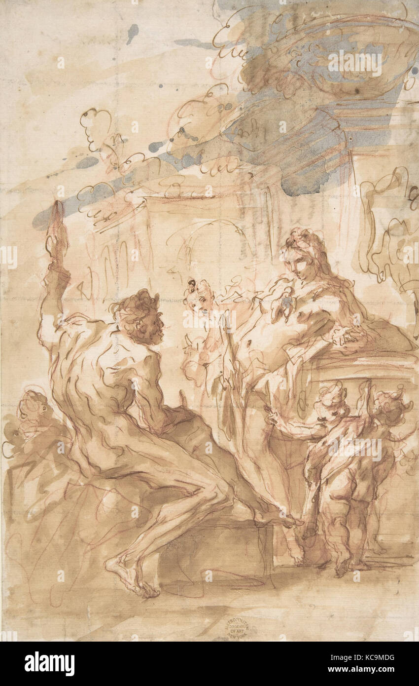 Herkules und Omphale, 1689-1767, Pen und Braun, Pinsel und Braun waschen, über Rote Kreide. In schwarzer Kreide im Quadrat, 11 5/8 x 7 3/4 Stockfoto