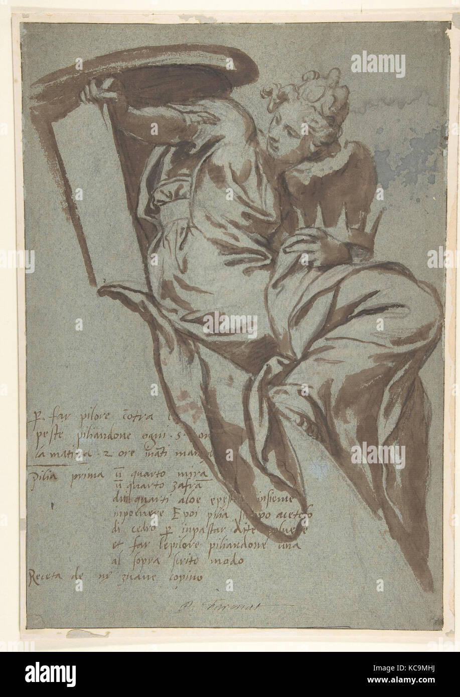 Projekt für die Dekoration eines Brüstungs: Geflügelte weibliche Figur, eine Tablette und eine Krone, Paolo Farinati, 1524 - 1606 Stockfoto