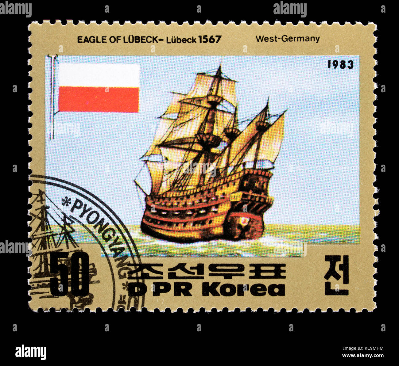 Briefmarke aus Nordkorea, die alten Segeln der Adler von Lübeck, Lübeck 1567 Schiff Stockfoto