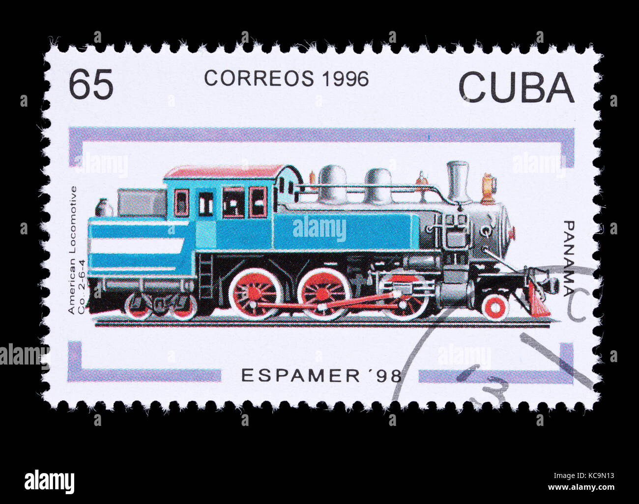 Briefmarke aus Kuba, das eine amerikanische Lokomotive Firma 2-6-4 Dampflok aus Panama. Stockfoto