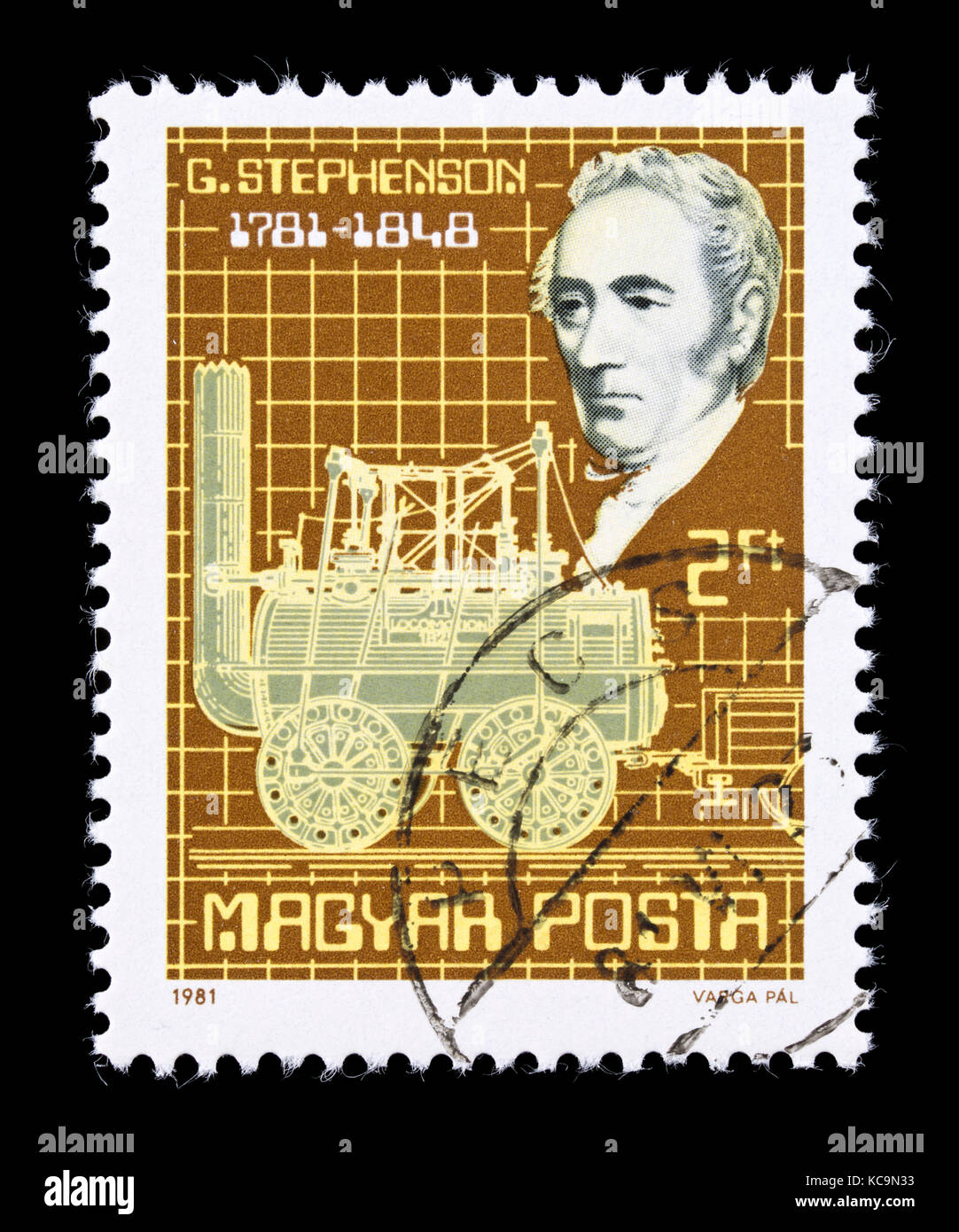 Briefmarke aus Ungarn, George Stephenson und seine unerreichte Dampflok 200. Jahrestages seiner Geburt Stockfoto