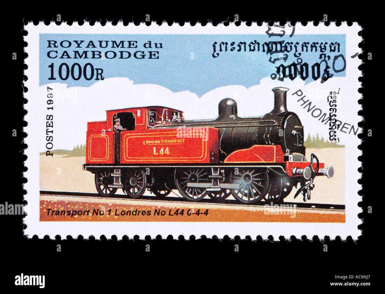 Briefmarke aus Kambodscha, das eine 0-4-4 Dampflok Stockfoto