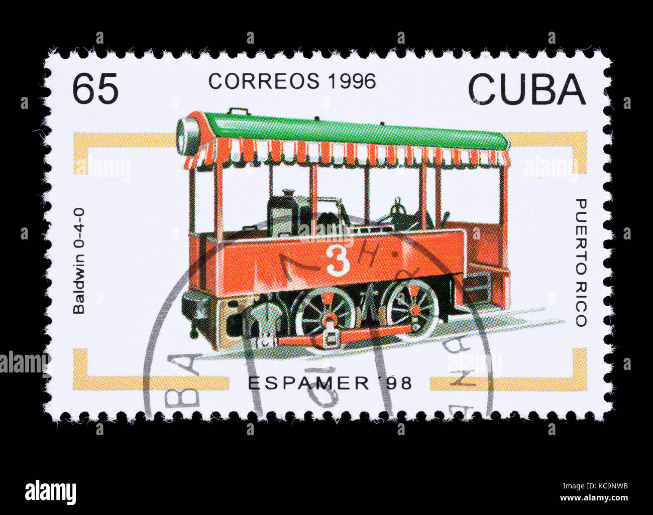 Briefmarke aus Kuba, die einen Baldwin 0-4-0 Dampflok aus Puerto Rico Stockfoto