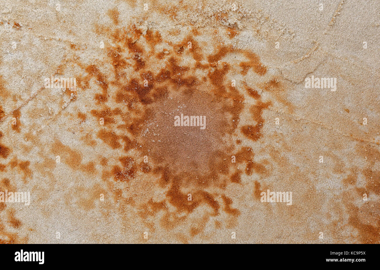 Flecken von bog Eisenerz auf einer ebenen Fläche aus Sand, als Hintergrund Stockfoto